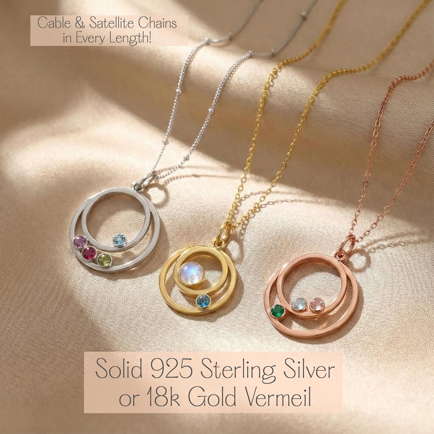 3 Generations Birthstone Necklace for Women – Her Family In Orbit | Personalized Orbital Tree of Life Necklace | Birth Stone Gifts for Mimi | Sterling Silver or Gold Filled | Gigi Gifts for Grandma