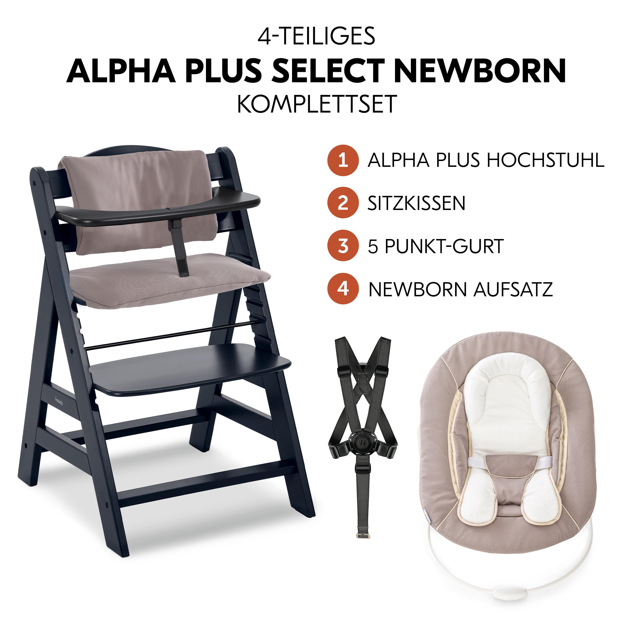 hauck Alpha+ Hochstuhl Newborn Set mit 2in1 Bouncer - Schwarz | Mitwachsender Holz Kinderhochstuhl ab Geburt bis 90 kg | inkl. Neugeborenenaufsatz & Sitzkissen