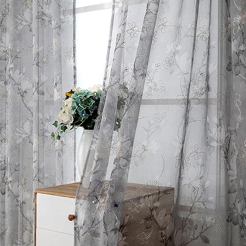 Vista 2 de Tollpiz Floral Grey Sheer Curtain Flower Print Vine Embroidery Bedroom Curtains Rod Pocket Voile Window Curtain for Living Room, 54 x 84 inches