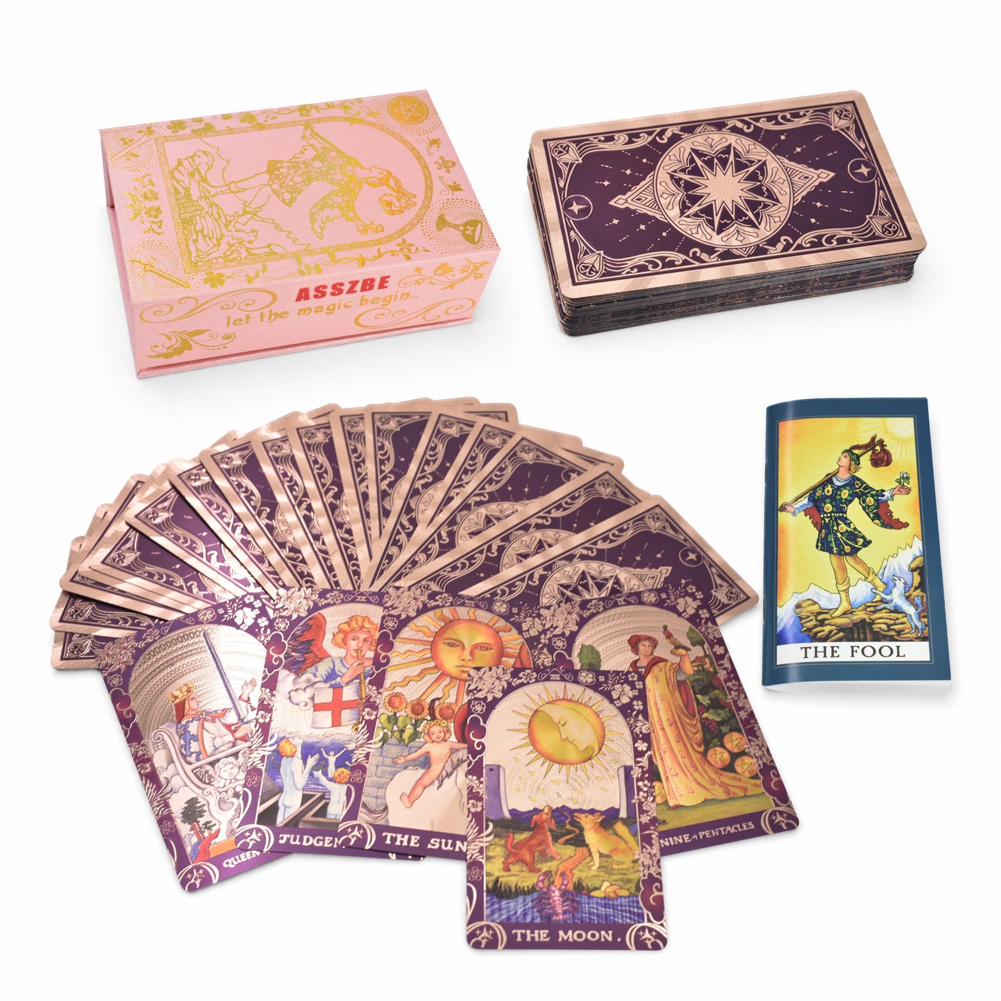 Baraja Tarot Rider Waite en Inglés, 78 Cartas con Lámina Dorada, Diseño Holográfico Impermeable Pet, 2 Cartas de Repuesto, Guía, Bolsa de Terciopelo y Caja de Regalo
