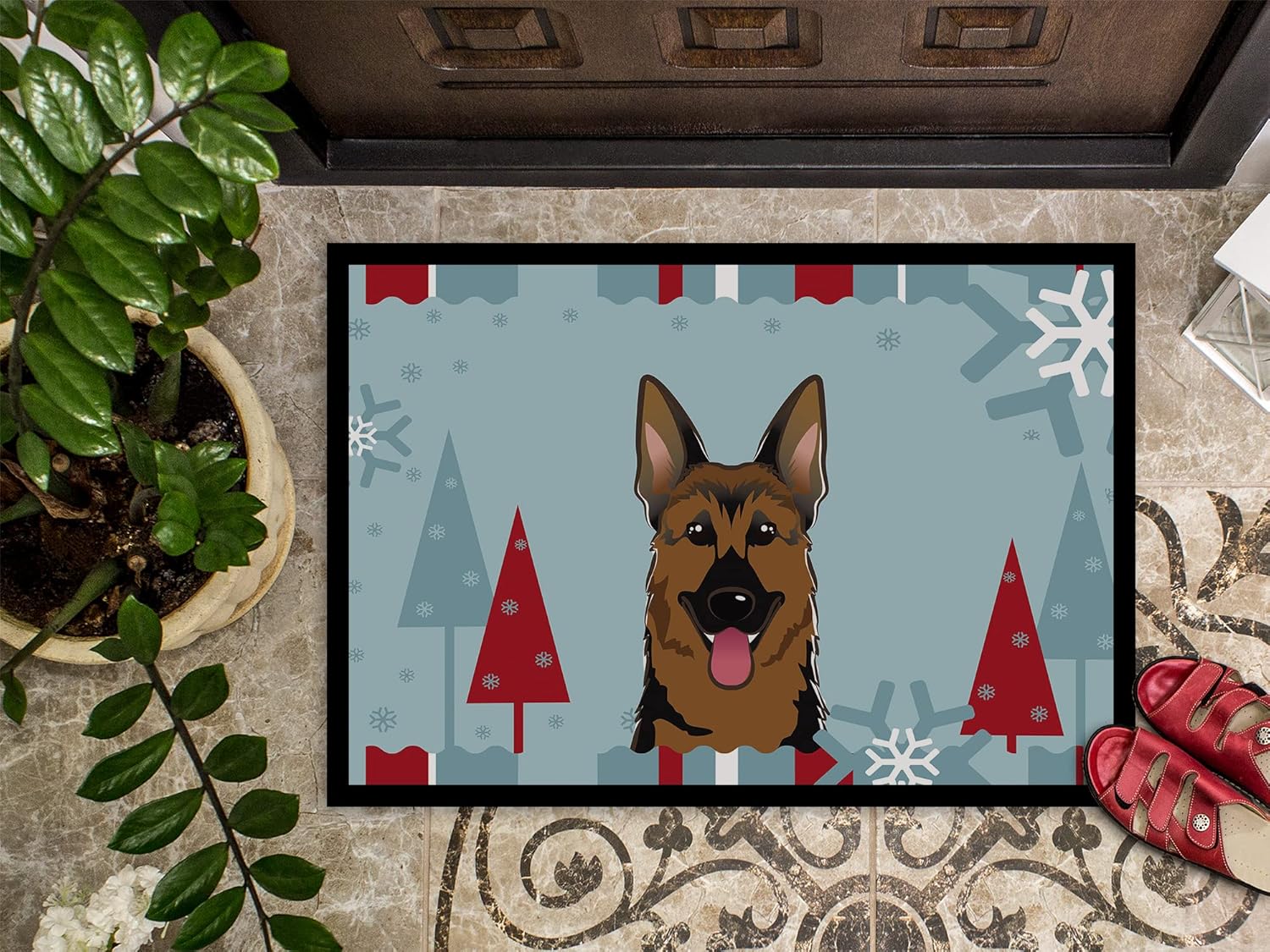Caroline's Treasures BB1707MAT Winter Holiday German Shepherd Doormat 18x27 Front Door Mat Indoor Outdoor Rugs for Entryway, Non Slip Washable Low Pile, 18H X 27W