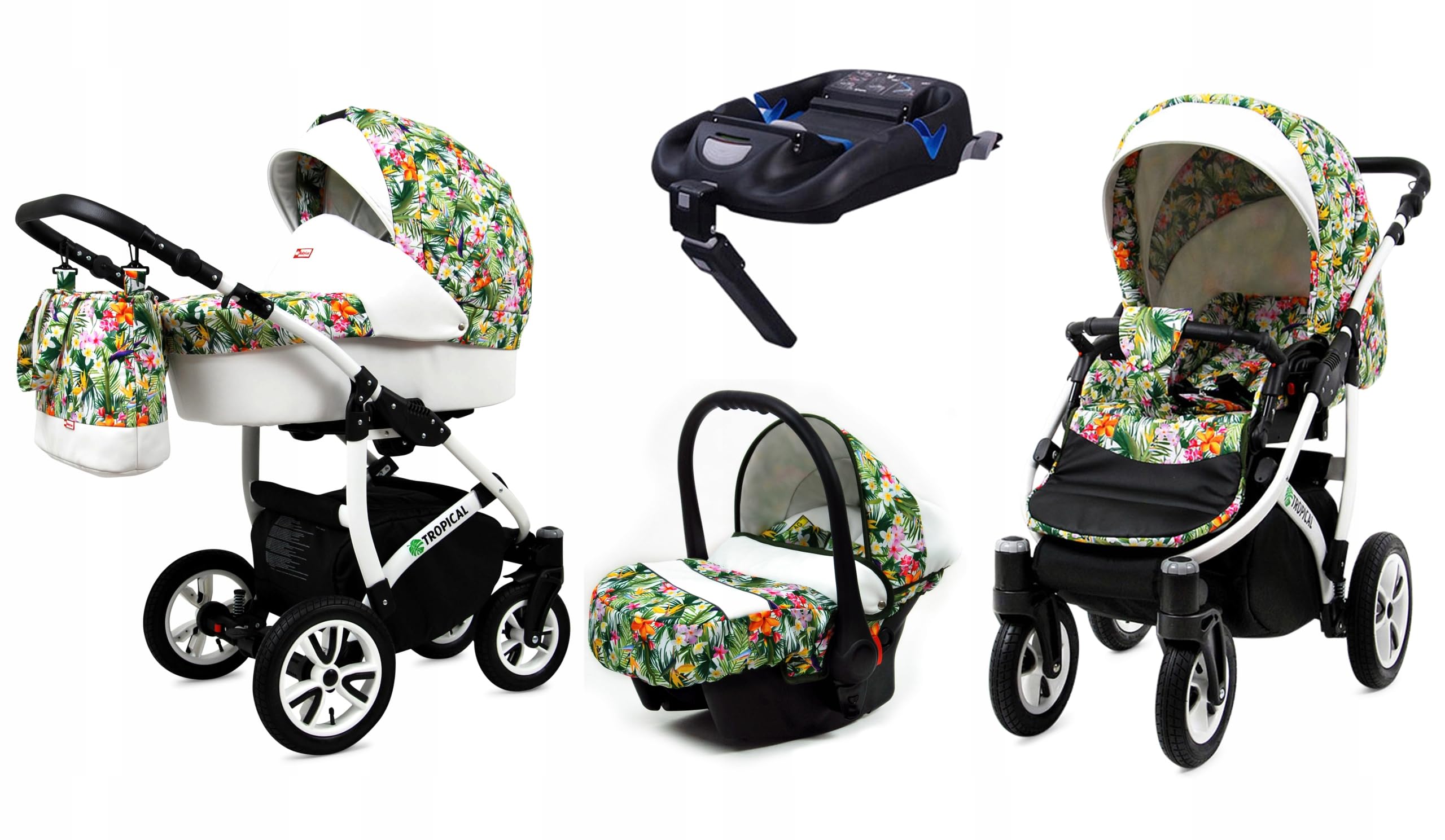 BabyLux® Wózek dziecięcy kompletny zestaw 4 w 1 - tropikalny - w tym gondola dla niemowląt, wędka, fotelik samochodowy, podstawa ISOFIX - system kombinowany dla niemowląt, z torbą do przewijania itp.