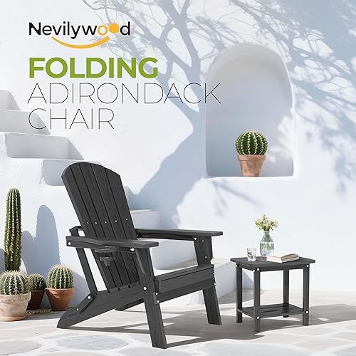 Miniatura 3 de nevilywood Silla Adirondack plegable, respaldo ergonómico extendido, portavasos, fácil montaje, plástico HDPE duradero, resistente a la intemperie y
