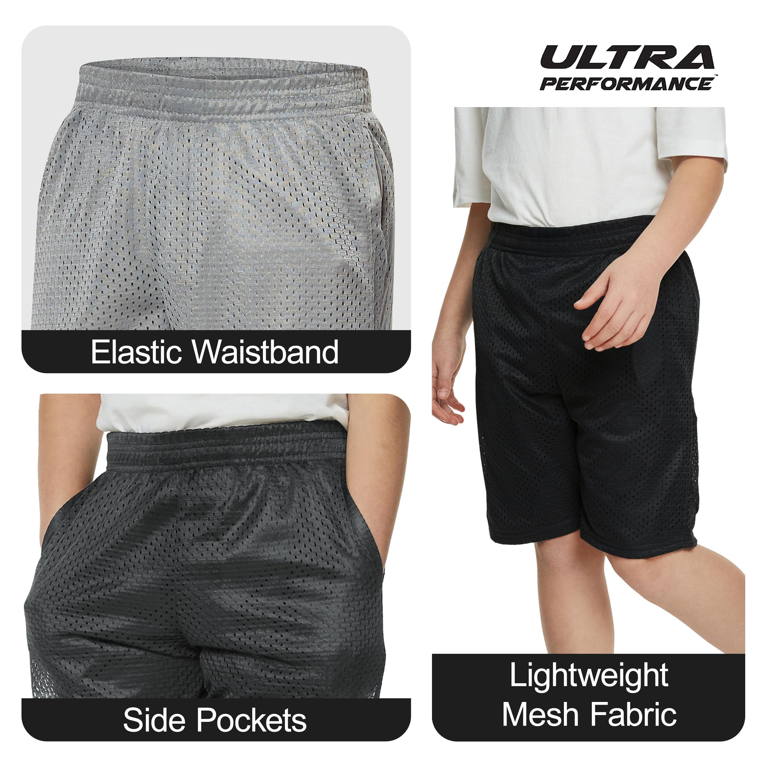 Ultra Performance Boy's Basketball Short's 3 Pack Mesh Athletic Shorts Youth Basketball Soccer & Gym Short for Active Boys