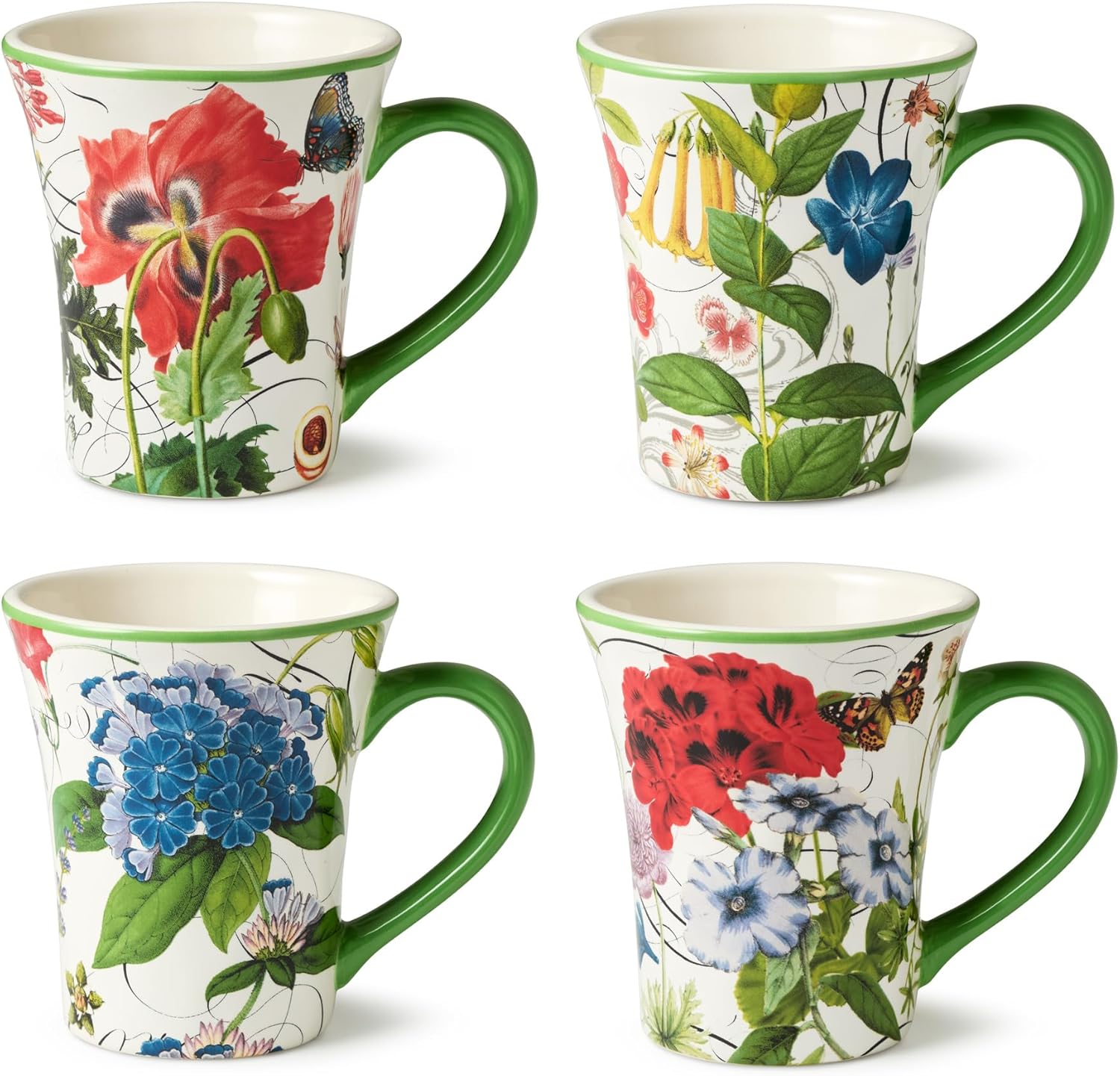 Greenhouse 16-Ounce Mugs, Set of 4, Vibrant Floral Design with Butterflies & Dragonflies, Durable Ceramic, Comfortable Handles, Microwave & Dishwasher Safe, Perfect for Coffee & Tea