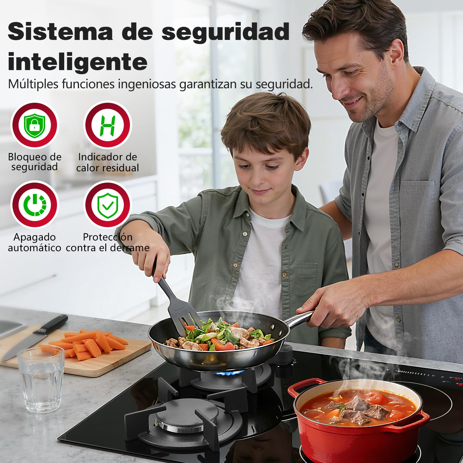SNDOAS Placas Mixtas Inducción y Gas 4 Fuegos Empotrable, Placa Inducción 2 Zonas con Función Puente, Boost y Mantenimiento Calor, Placa de Gas 2 Zonas Wok 3400W, Temporizador, Bloqueo Infantil