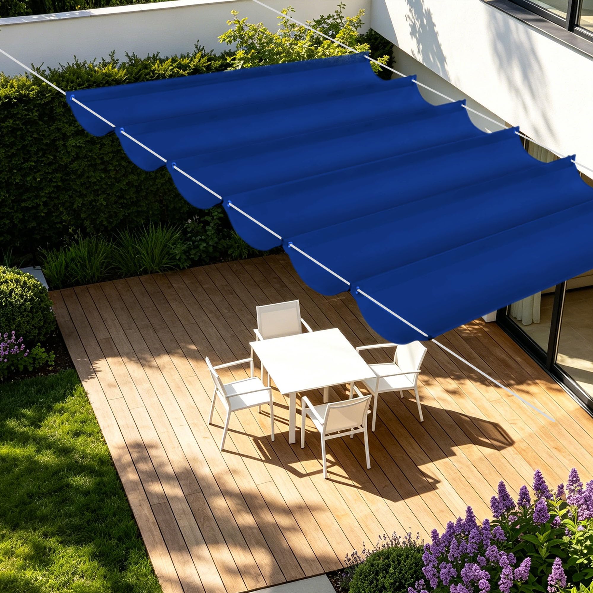 Toile imperméable de terrasse 750x340 cm pour ombrager un grand repas de famille au jardin