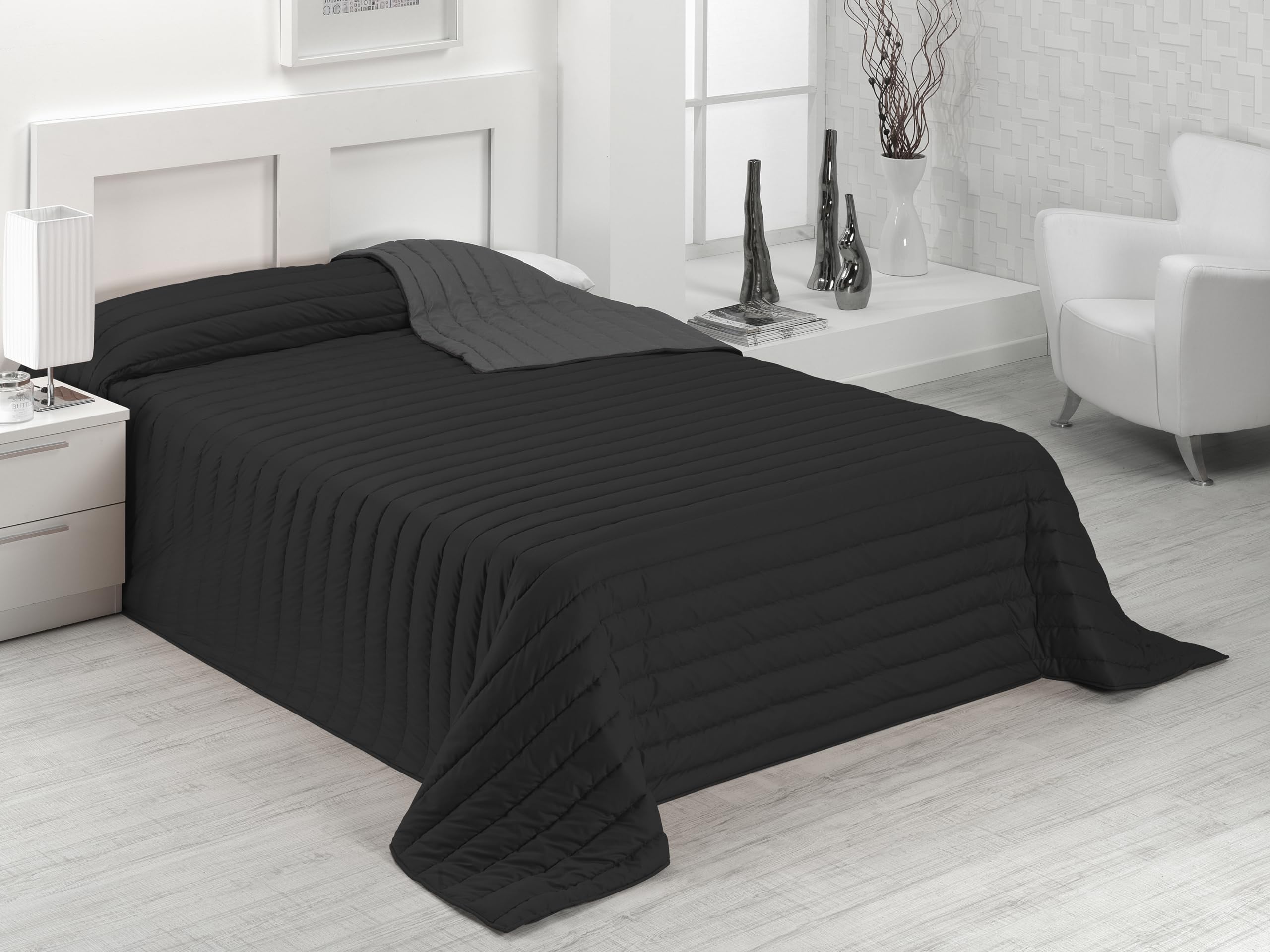 SABANALIA - Colcha Bicolor Multiuso Tutto (Disponible en Varias Medidas y Colores) - Cama 135, Negro/Gris
