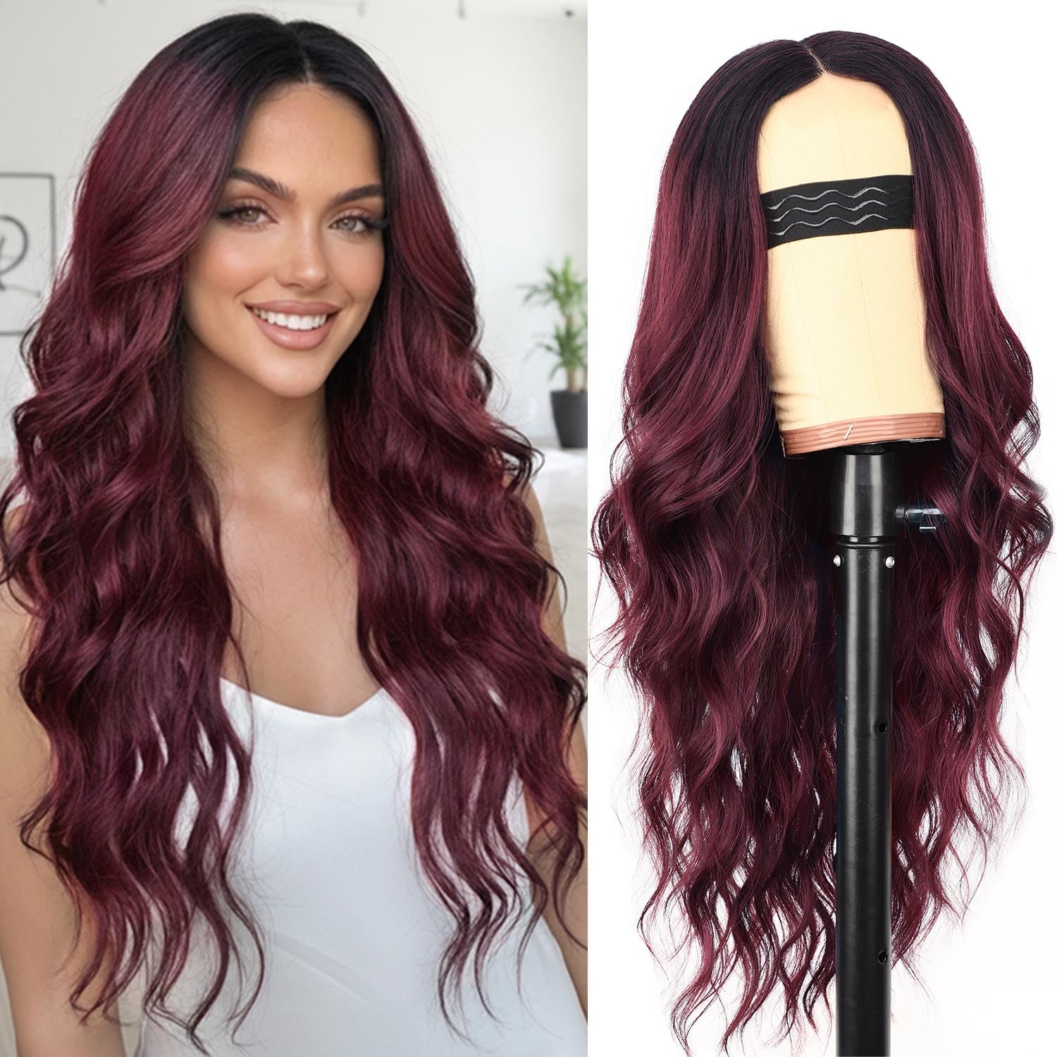 AISI HAIR Wig for Women, Long Red Wavy Lace Hairline Middle Part Synthetic Heat Resistant Wig for Daily Party-26 Inch