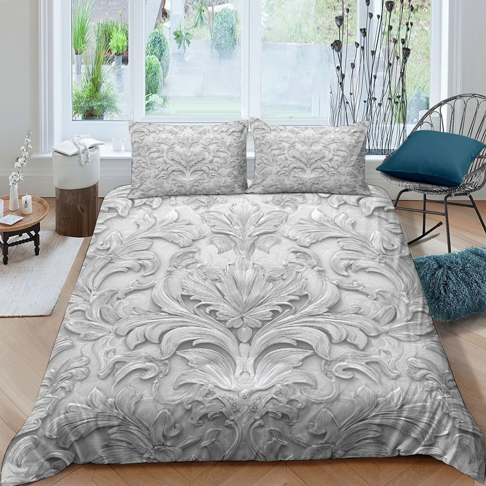 Ctjqhvkz Style-7 3D Printed Baroque Silver Fitted Sheet Microfiber Elegant Floral Bed Sheet Anti-Slip Easy Care For Bedroom Guest Room Decor Single（135X200cm）