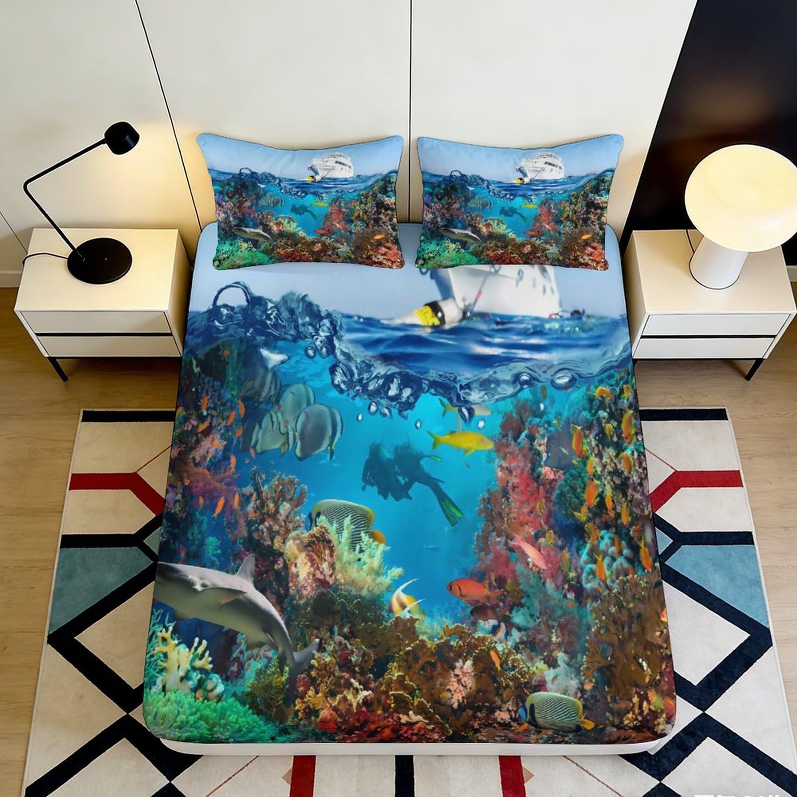 3D Printed Ocean Reef Fitted Sheet Microfiber Soft Blue Underwater World Bed Cover for Bedroom Dorm Decor 90x200x25cm
