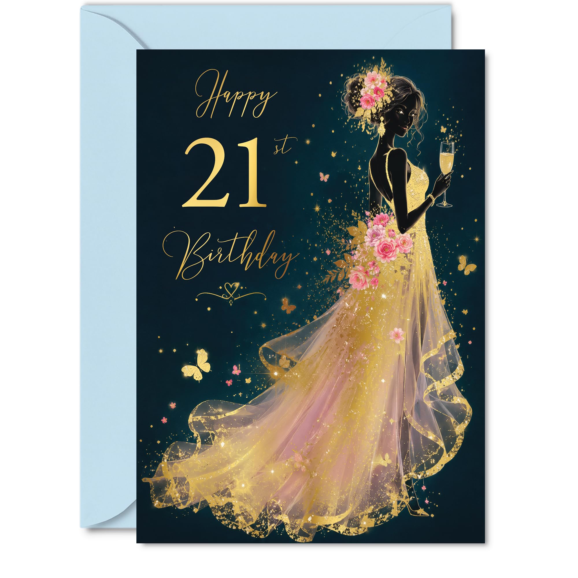Milestone 21st Birthday Card - Raise a Glass to Turning 21 - Glamorous Gold Gown, Pink Florals and Butterflies - 5X7 Inch, Envelope Included