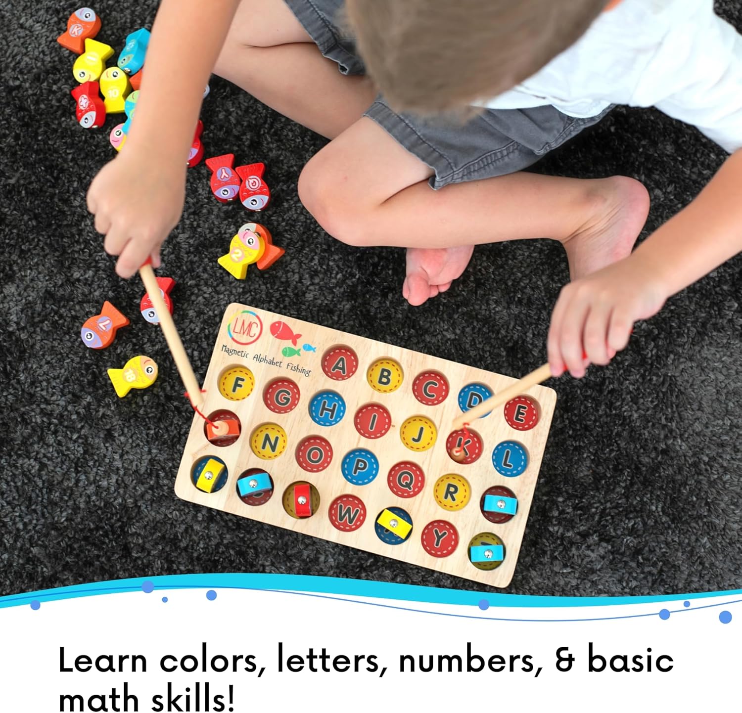 Magnetic Alphabet Fishing Toy - Letters, Numbers, & 2 Fishing Poles - Alphabet & Math Learning Toys - Magnetic Fishing Game for Toddlers Ages 3+, Educational Toys (Wood, 1)