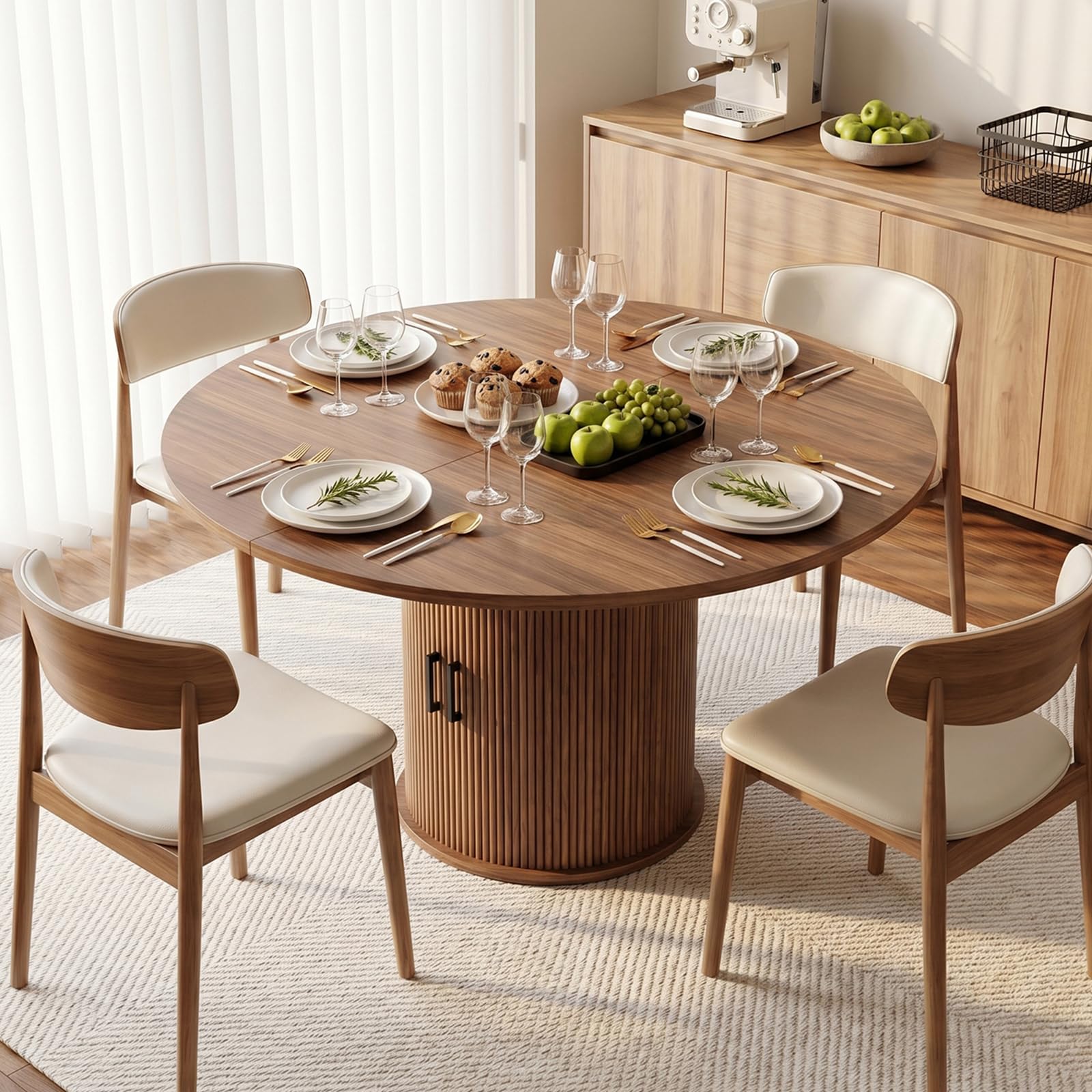Tavolo da pranzo allungabile, rotondo, con spazio per riporre oggetti | Moderno tavolo da pranzo con base cilindrica, in legno, per 4-6 persone, marrone noce (solo tavolo)