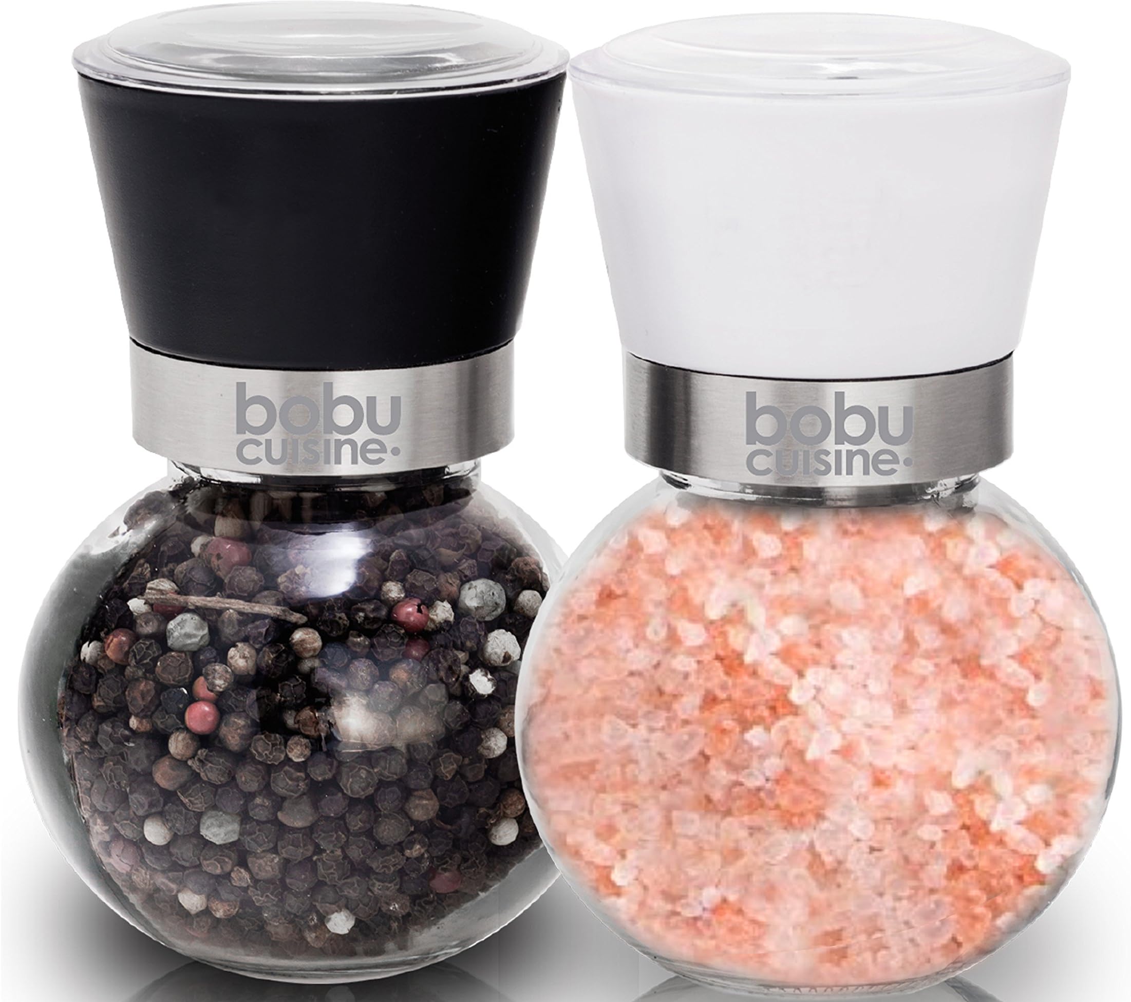 bobuCuisineโs Spectacular Glass Globe Salt and Pepper Grinder Set - Easily Adjustable Grinder to Control Coarseness - Cover Lid to Keep Freshness
