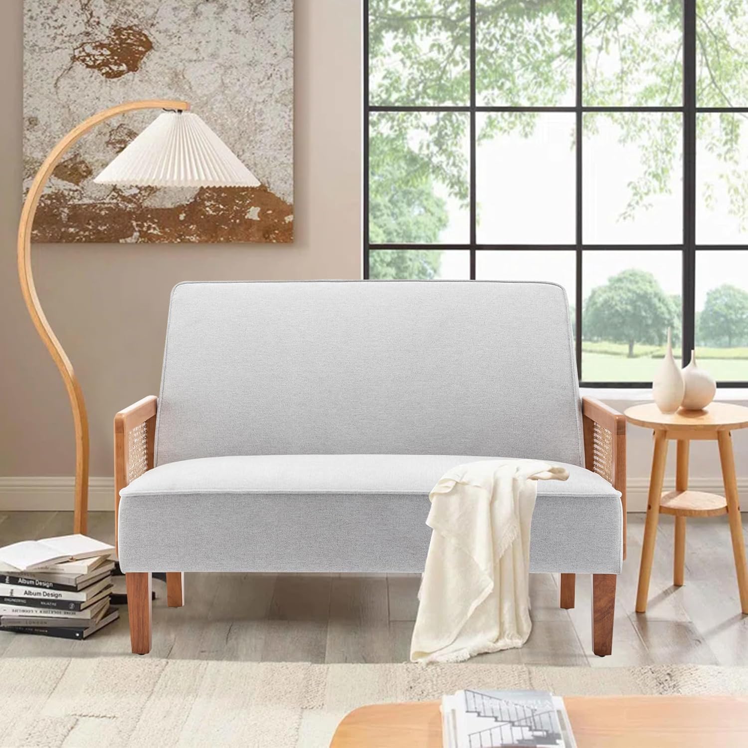 Changjie Furniture Small Loveseat Rattan Sofa Couch with Arms Upholstered Small Love seat Mini Sofa Couch for Bedroom Living Room Ivy