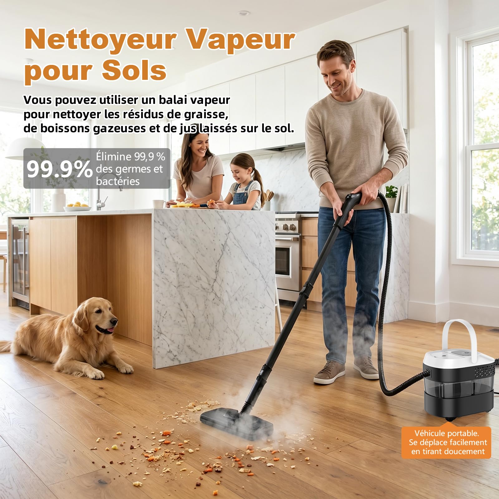 Nettoyeur Vapeur avec Balai, Poignée Réglable à 3 Positions, Chariot de Transport, Réservoir d'eau de 1,6 L, Temps de Chauffe de 15 Secondes, 17 Accessoires, pour Sols, Cuisines, Fenêtres