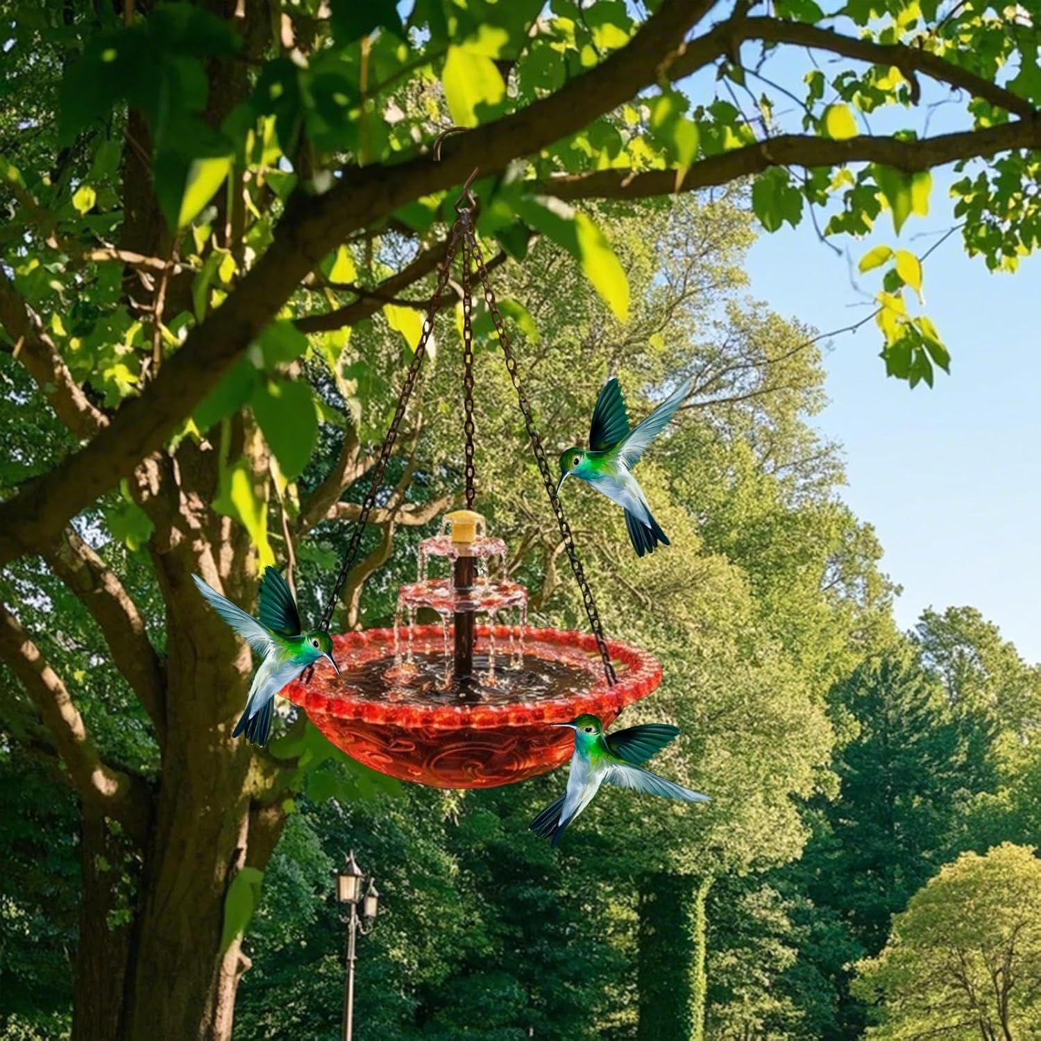 Hanging Bird Bath with Solar Fountain, Humming Birds Baths Fountains, Bee Watering Station,Outdoor Solar Water Fountain, Decorative Hanging Bird Feeder Bath for Garden Patio Decor (Red)