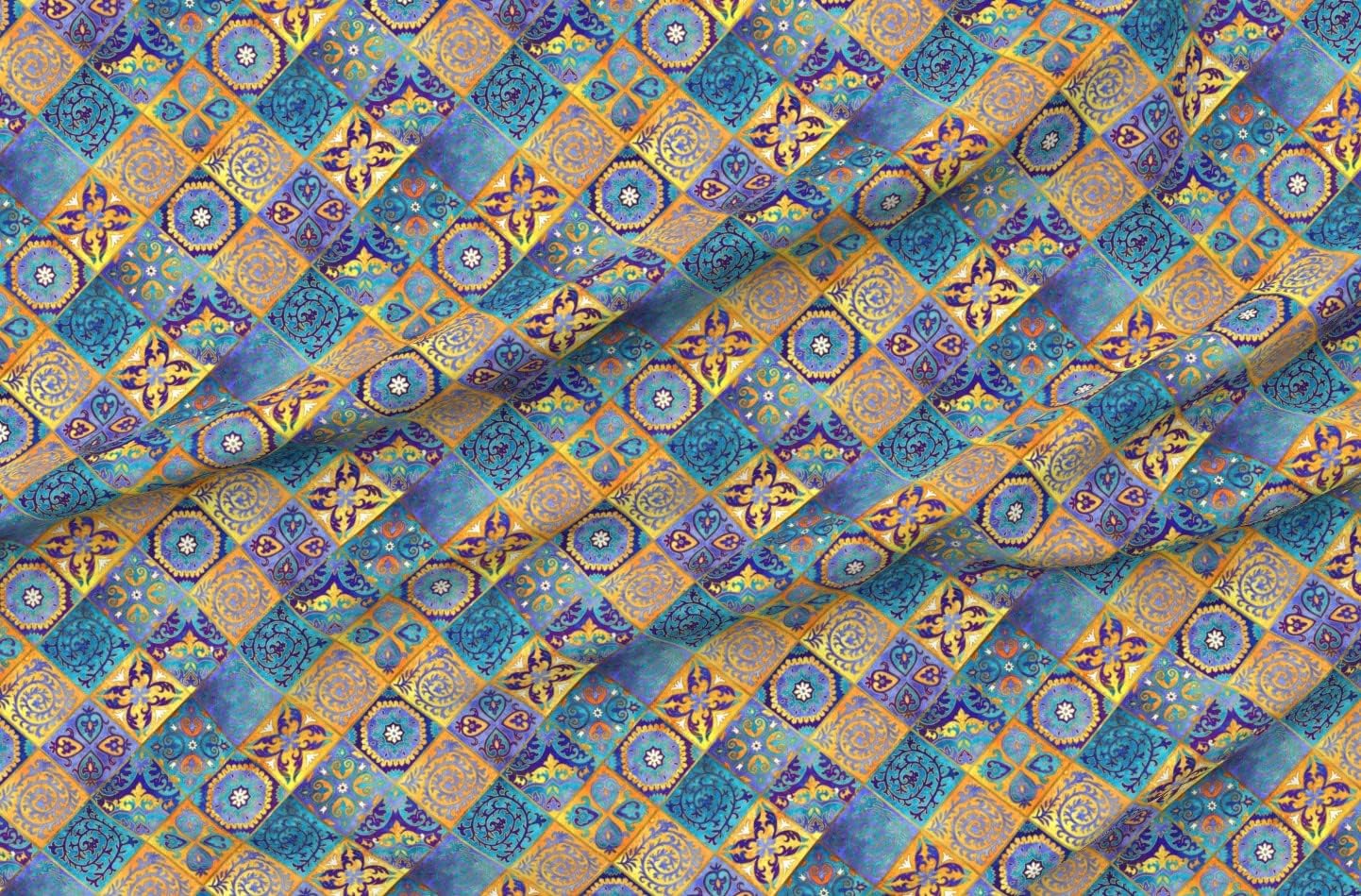 Spoonflower Fabric - Tile Boho Watercolor Ornate Tiles Moroccan Floral Geometric Printed on Organic Cotton Sateen Fabric by The Yard - Sewing Quilting Apparel Home Decor