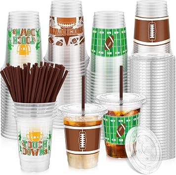Kochorie 60 Sets 16oz Football Party Plastic Cups with Lids and Straws Football Party Favors Drinking Cups for Game Day Sports Themed Dinnerware Decoration
