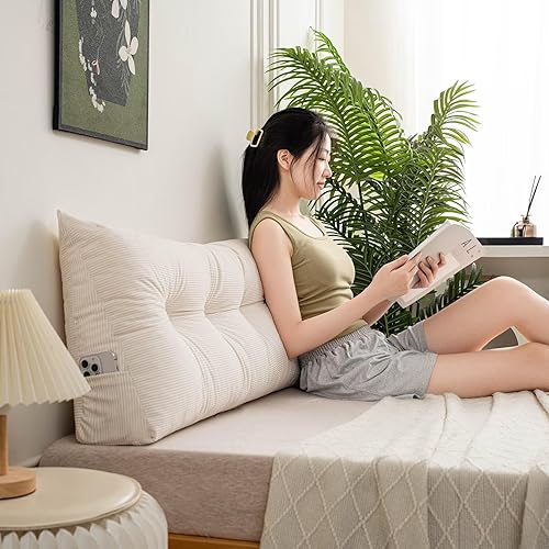 Miniatura 2 de Almohada triangular de cuña para cabecero de cama para adultos, 47 x 4.7 x 15.7 pulgadas, color blanco crema, soporte de posicionamiento, respaldo