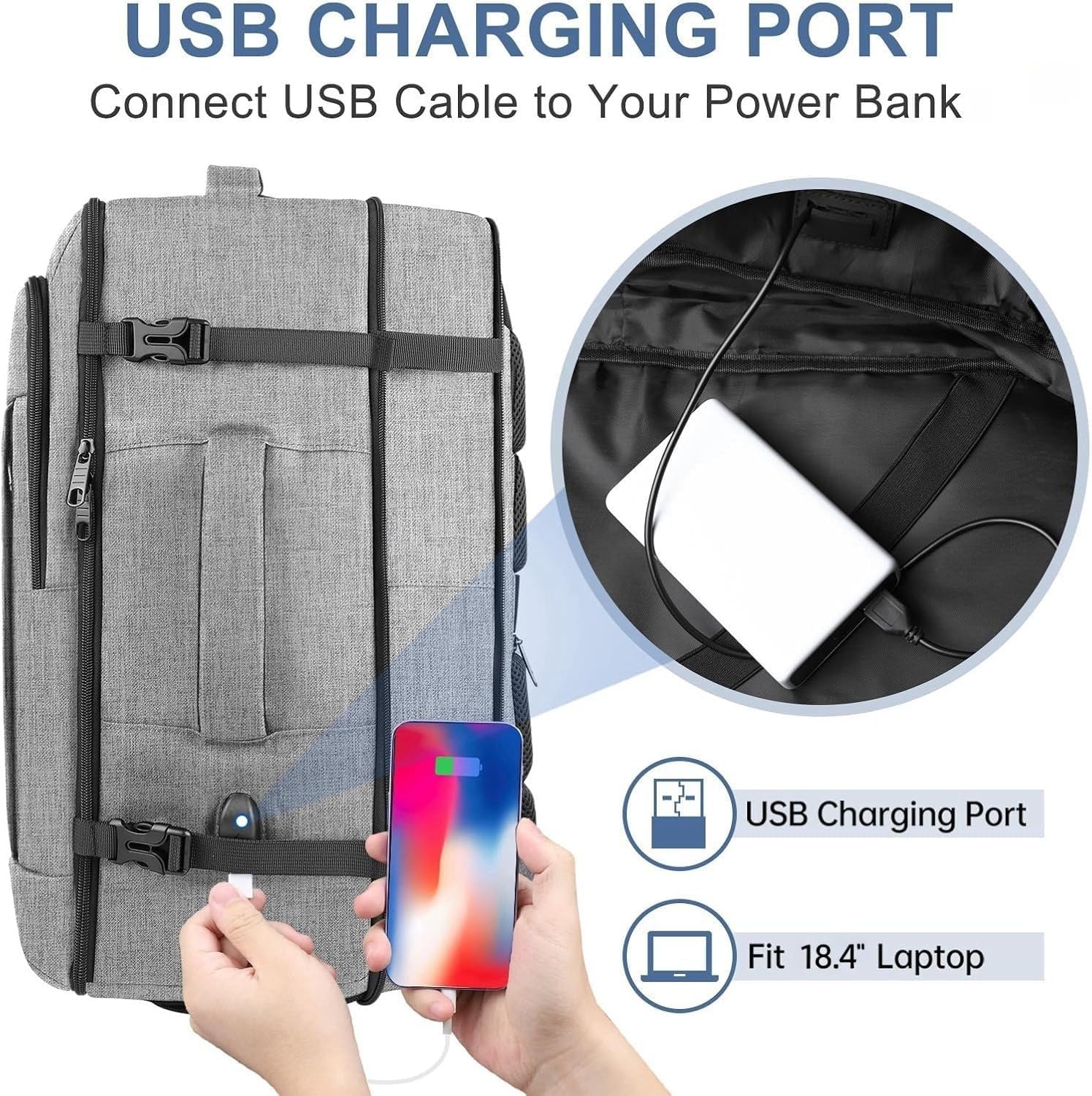 60L Backpack, Extra Large Travel Backpack for Men & Women, Expandable Big Capacity For Airplanes, Travel Gifts for Men Women, Fits 18.4 Inch Laptop, Luggage Suitcase Daypack Bag, Grey - Image 5