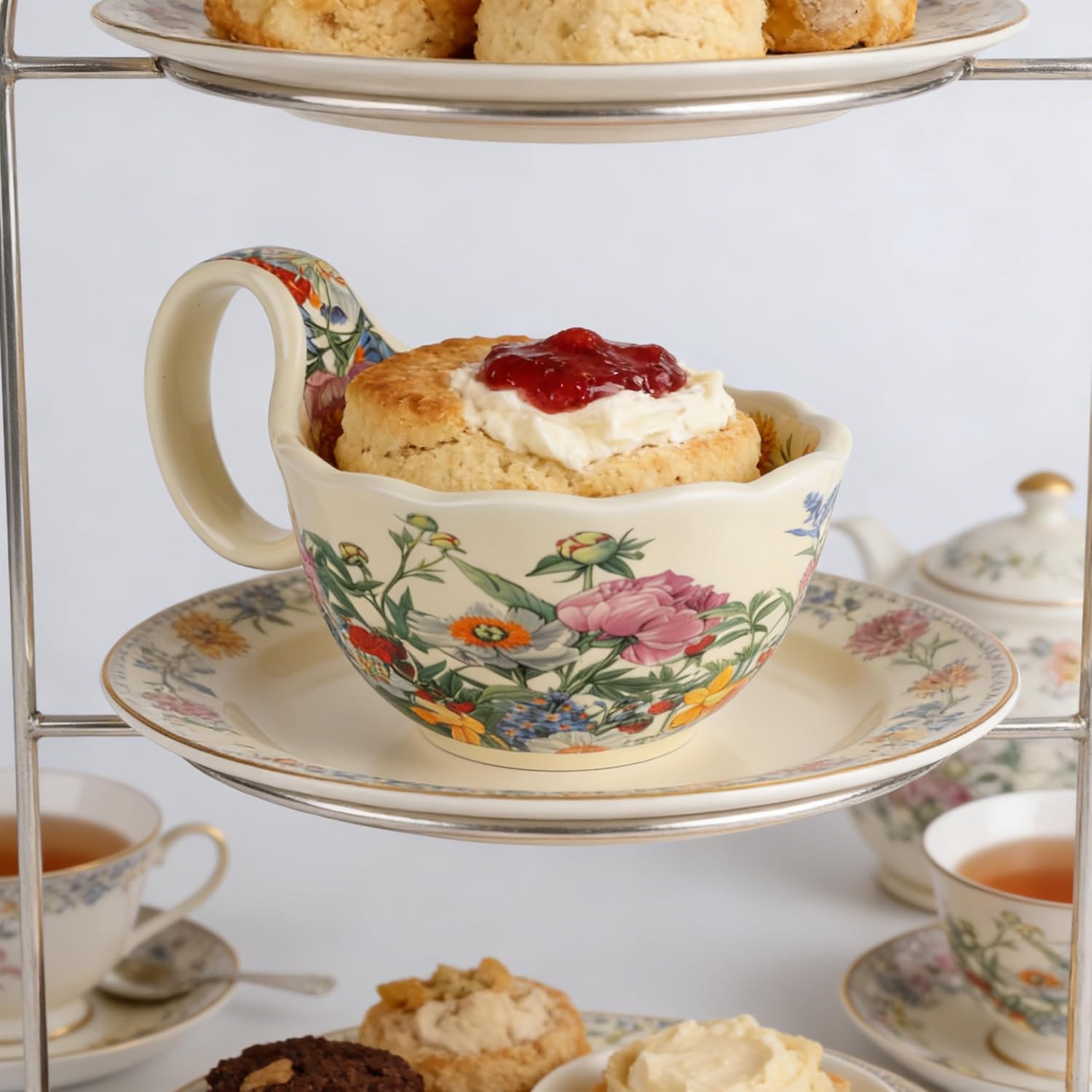 16-Ounce Microwave-Safe Soup Bowl with Loop Handle - Hand-Painted Decorative Soup Mug with Spoon - Oven-Safe Cereal Bowl for Ice Cream, Stew, Snacks, and Fruit (Blossoms)