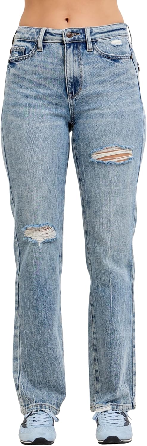 Judy Blue High Waist Light Wash Rigid Magic Slim Straight Jeans, Inseam 32"