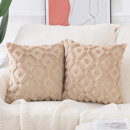 Miniatura 5 de MADIZZ - Juego de 2 fundas para cojín de terciopelo y de lana corta, afelpado suave de lujo para decoración de sofá, dormitorio, cuadradas, 20 x 20