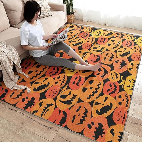 Miniatura 4 de Alfombra de Halloween de 4 x 6 pies, alfombra de área de calabaza, alfombras espeluznantes para sala de estar, dormitorio, alfombra naranja y negra,