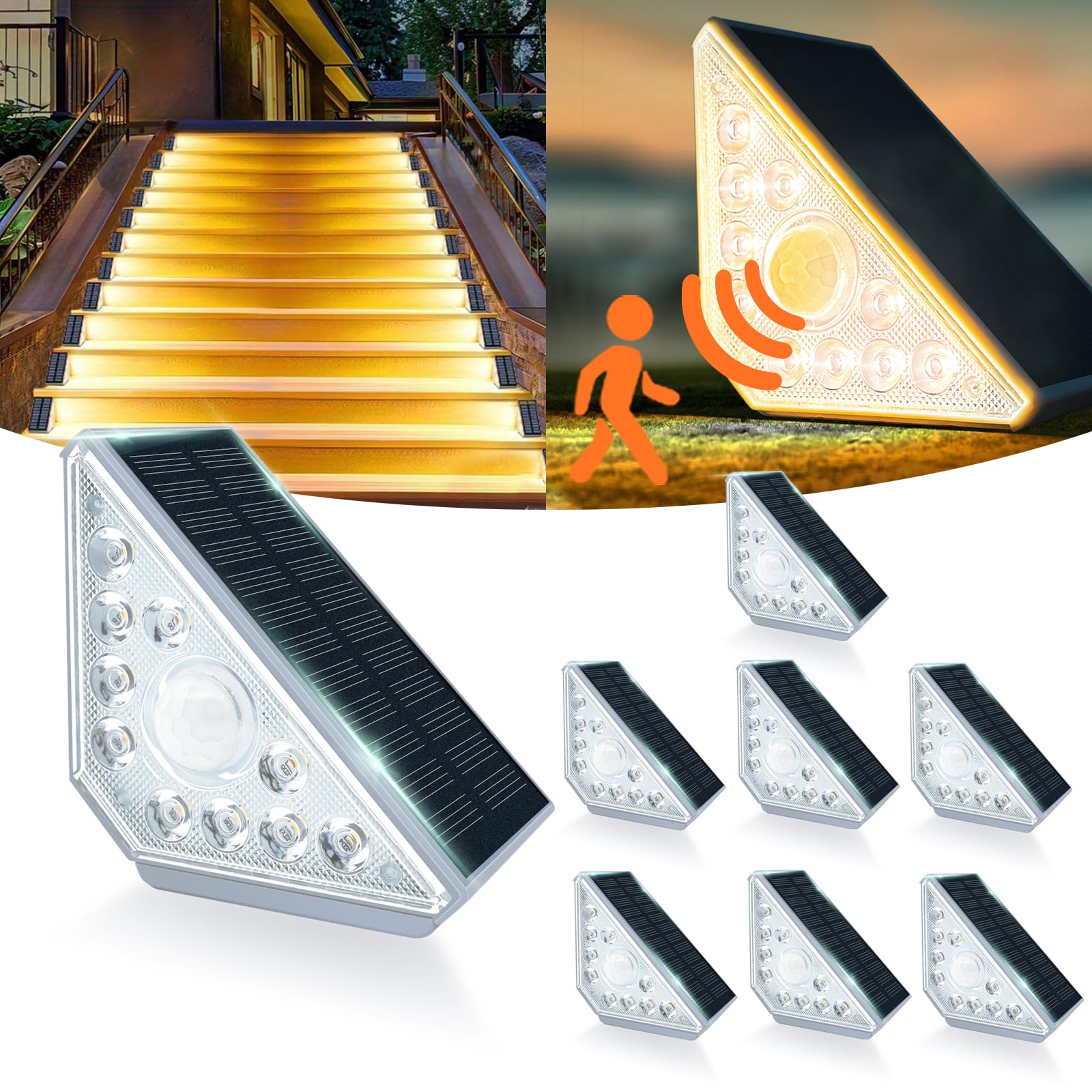 MEDOYOH 8PCS Solar Treppenbeleuchtung Aussen mit Bewegungsmelder, Warmweiß Licht Solartreppenleuchten IP44 Wasserdicht 800mAh für Gartenstufen Deck Terrasse Haustür Zaun