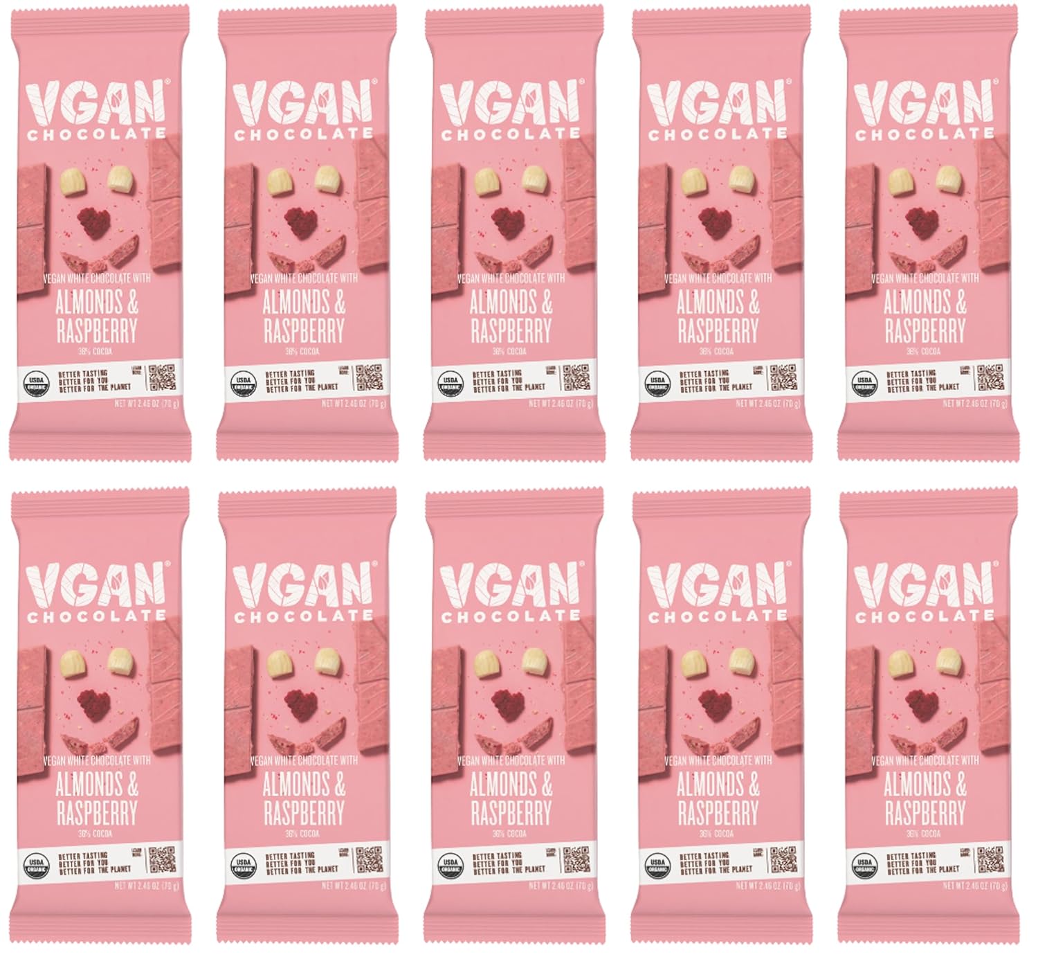 VGAN Vegan Chocolate Bars, Gluten Free Snacks, Plant Based, Soy and Dairy Free, Organic Ingredients, Cruelty Free, Kosher, and Non GMO, Pink Love Raspberry and Almonds, 10 Pack