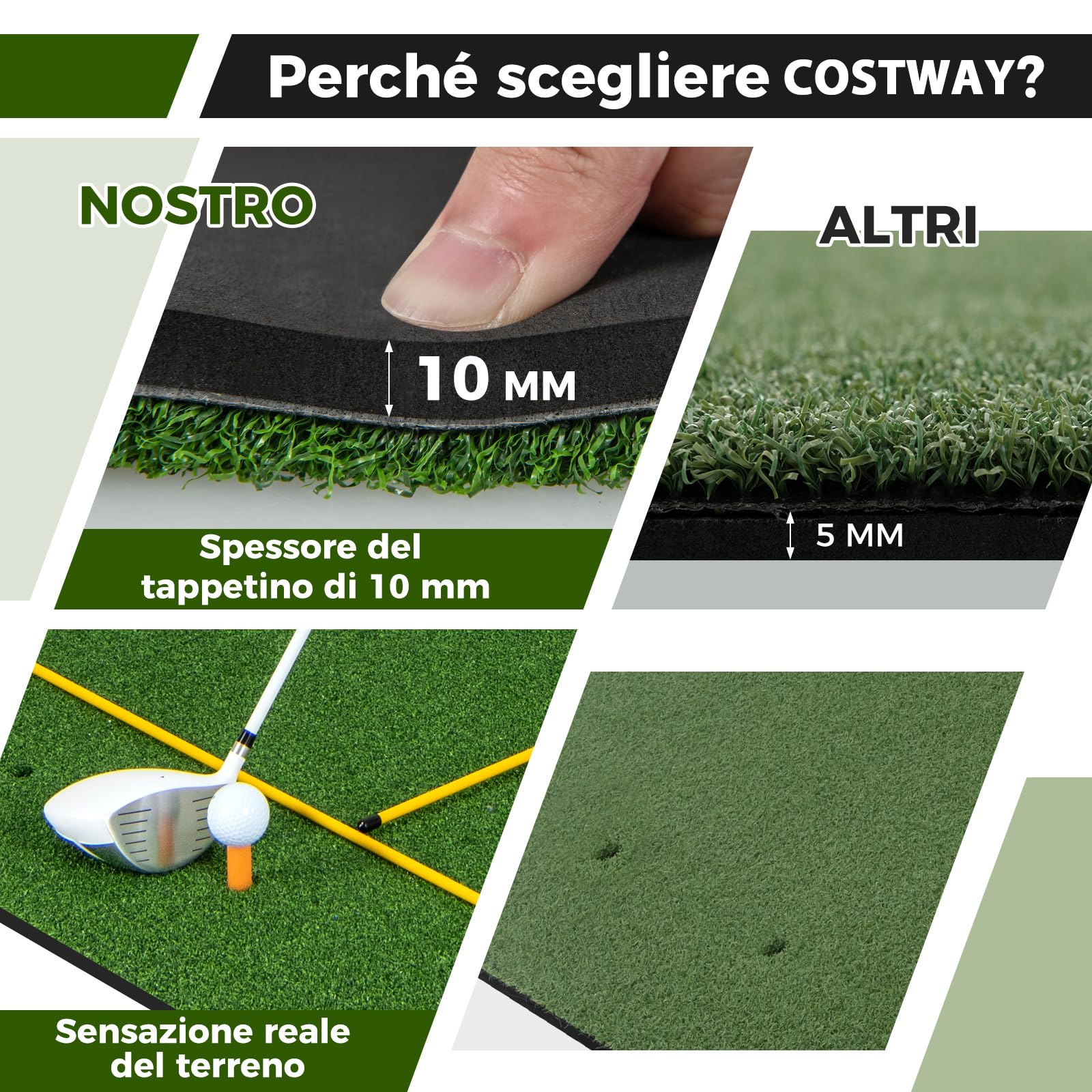 COSTWAY Tappeto da Allenamento Golf 3-in-1, Tappetino da Allenamento in Erba Sintetica con 2 Punte da Golf, 2 Aste di Allineamento e 3 Fori Preforati per le Punte