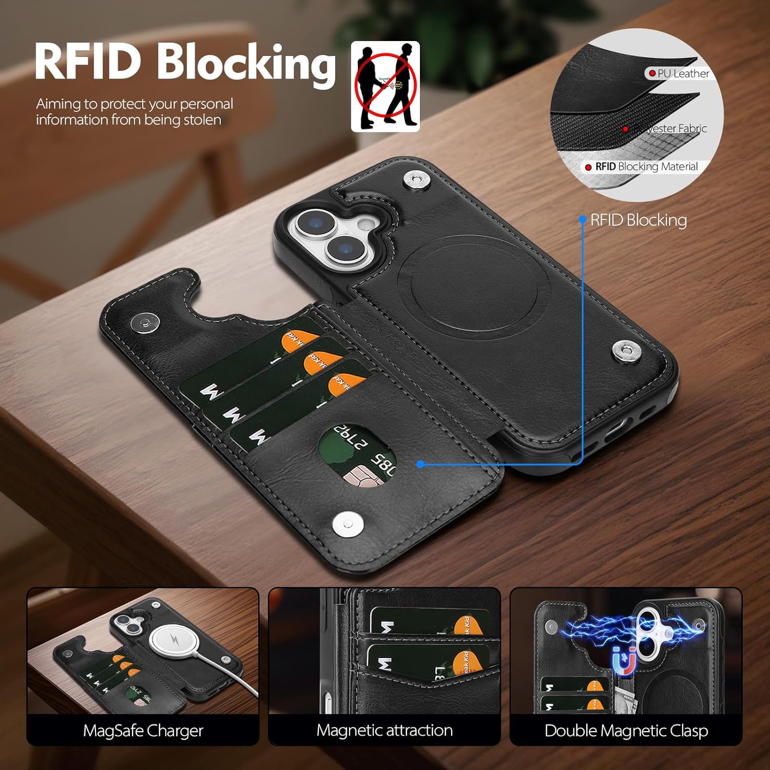 Compatible with Magsafe for iPhone 17 Wallet Case with Card Holder,Women Men Phone Case PU Leather Kickstand Flip Folio Protective Cover Credit Card Slots,for Apple 17 6.3",Black - Image 2