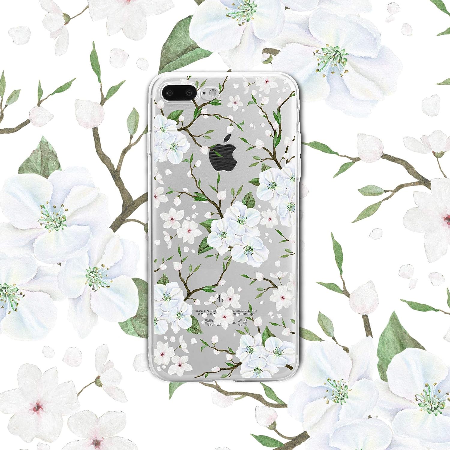 Zeronal iPhone 8/7 Plus Case White Flower Floral Case Clear for Girl Women Soft TPU Bumper Case Anti-Slip White Shell, Shockproof Full-Body Protection Case for iPhone 7/8 Plus Cover Cherry Blossom