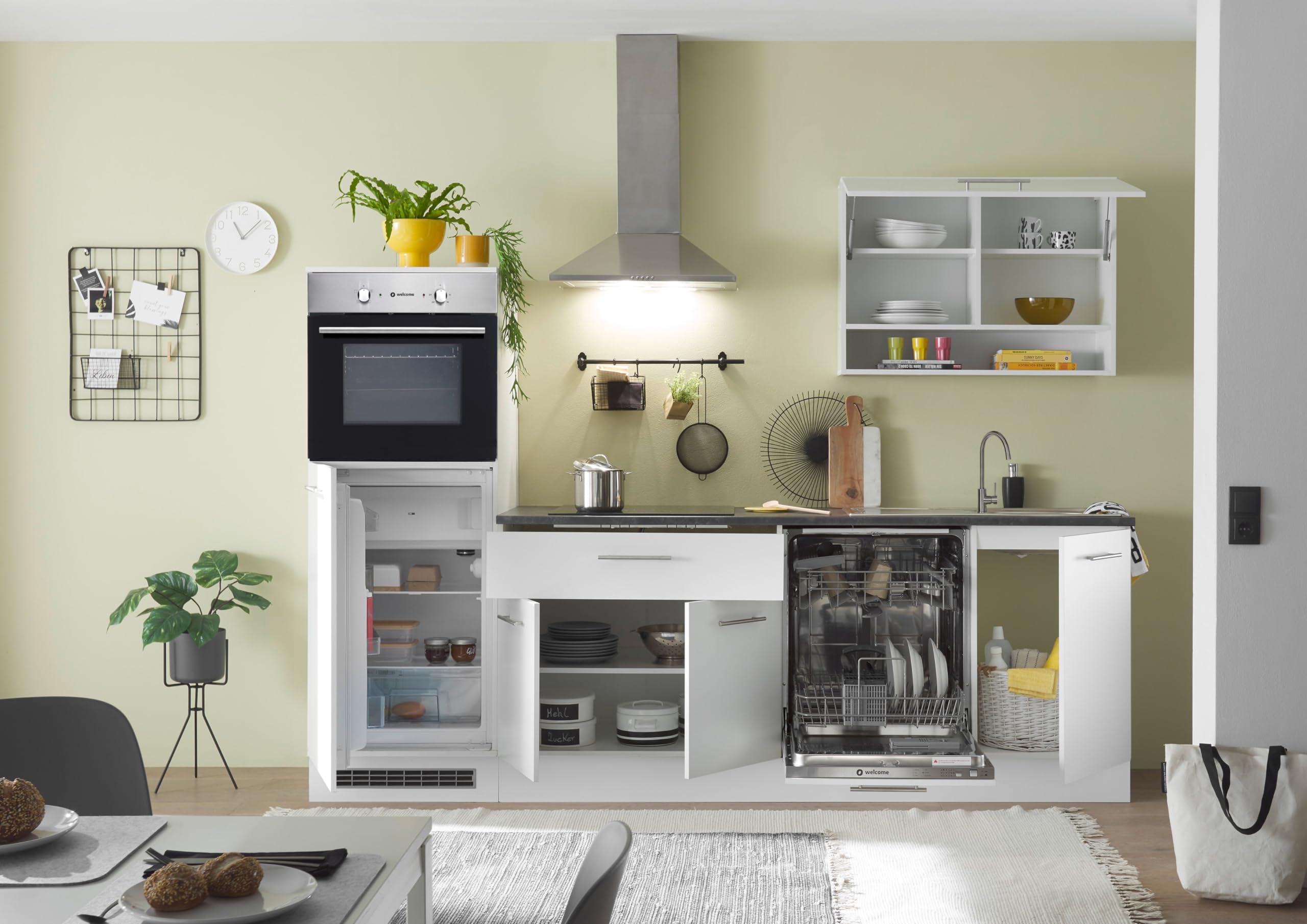 AVANTI TRENDSTORE - Sampeyre - Cucina completa nel colore bianco opaco/Stone dark, composto da diversi elementi. Lavandino ed elettrodomestici NON sono compresi. Dimensioni ca. LAP 260x220x60 cm