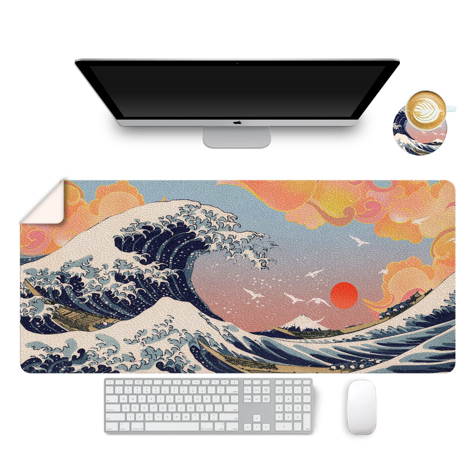 ARTSO Leather Desk Pad, Large Mouse Pad, 35.4" x 15.7" Desk Mat, Waterproof PU Leather Desk Blotter Protector, Multifunctional Keyboard Pad, Non-Slip Writing Mat, Kanagawa Wave Surfing