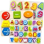 QUOKKA Wooden Puzzles for Toddlers 2-4 - Chunky Toddler Puzzles Ages 3-5 - Learning Travel Game with Numbers Alphabet Shapes - Wood Educational Gift for Boys and Girls