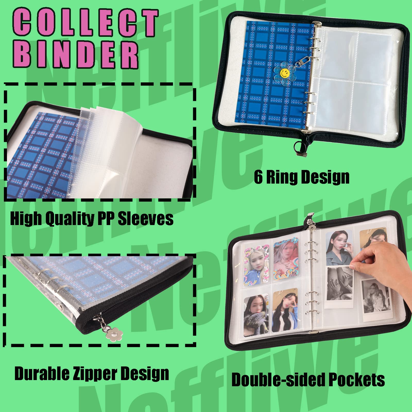 Cuaderno de 4 bolsillos para tarjetas fotográficas Kpop con 30 páginas interiores, 6 anillas A5, carpeta para tarjetas fotográficas para coleccionar hasta 240 tarjetas (negro)