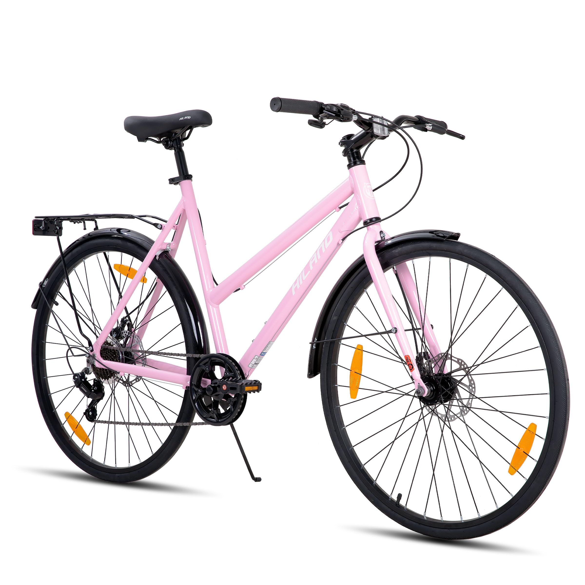 HILAND Bicicletta da Corsa 28 Pollici 700C, Bici da Città in Alluminio con Cambio a 7 Velocità e Freni a Disco, Bicicletta Urbana Confortevole per Uomo e Donna, Rosa