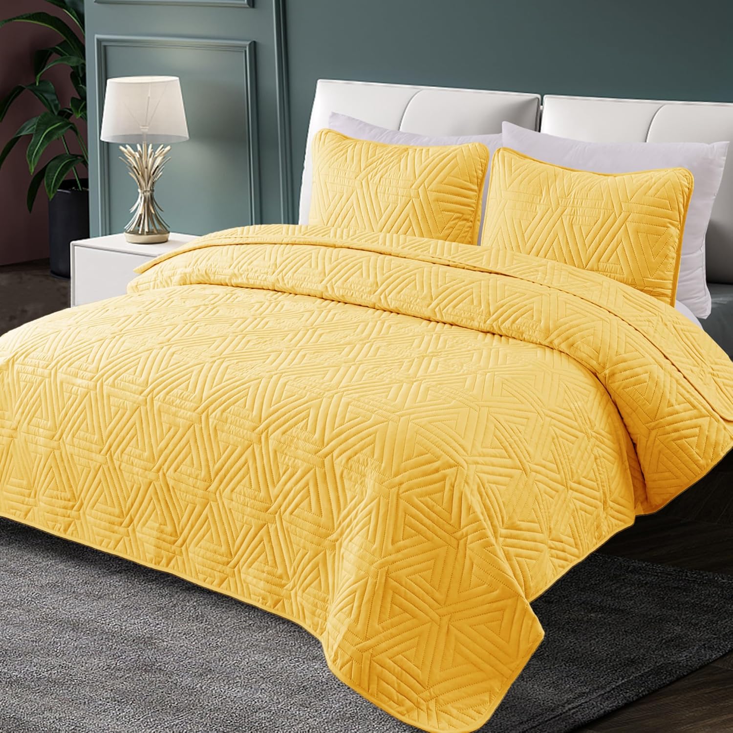 Whale Flotilla Soft Twin Size Quilt Set for All Seasons, 2-Piece Ultrasonic Geometric Quilts Bedding Set, Lightweight Reversible Bedspread, Coverlet, Bed Cover with Pillow Sham, Yellow - Image 2