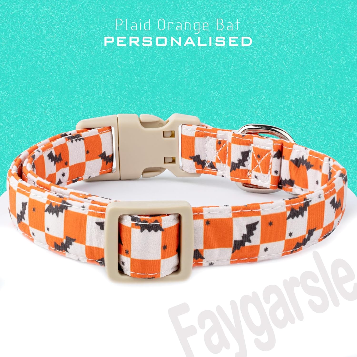 Faygarsle Halloween Dog Collar with Charm, Orange and White Checkered with Bats Pattern,for Small Medium Large Dogs L image 2
