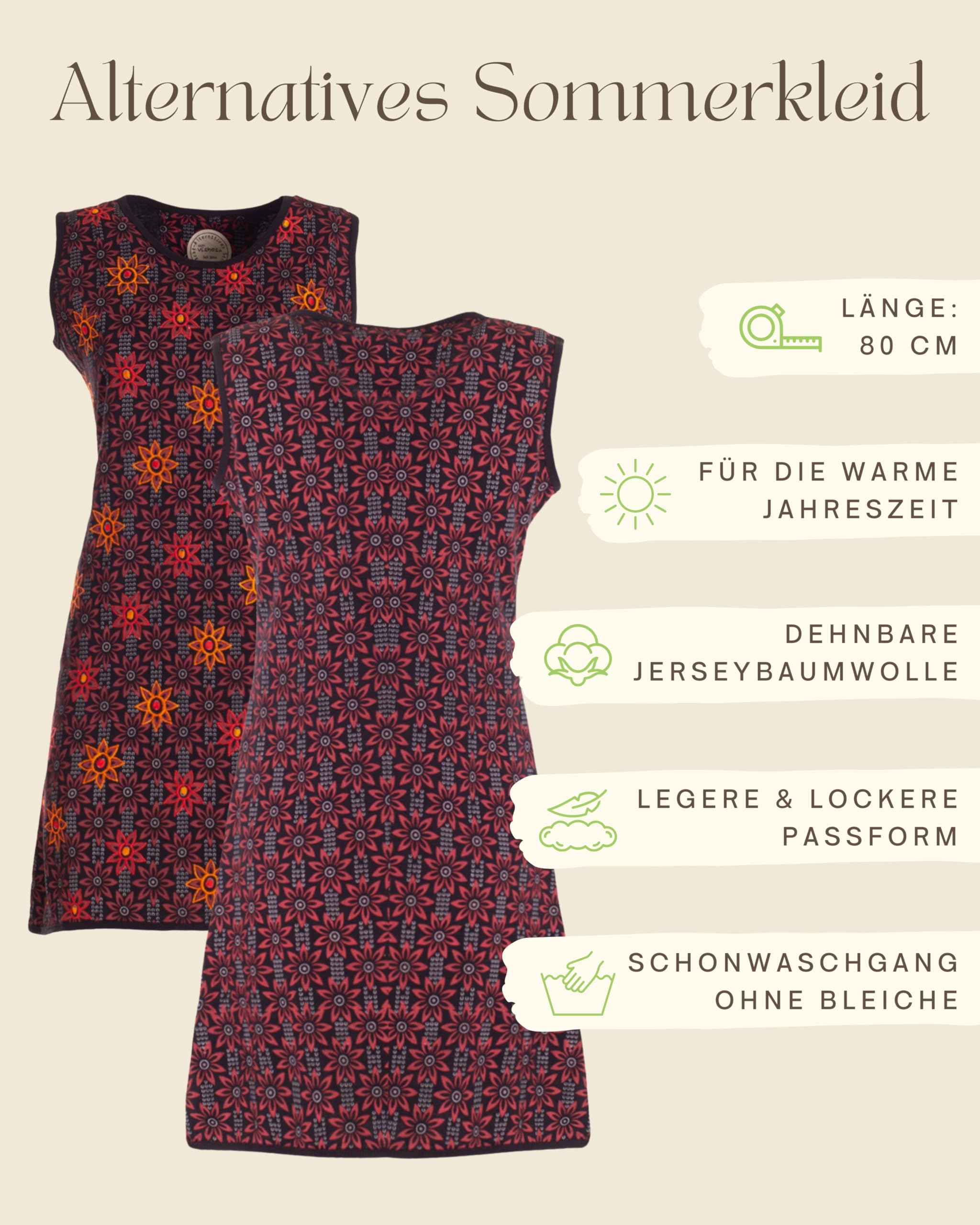 Vishes Damen Longshirt-Kleid mit Blümchen I Größe 34-48 I Handgefertigt aus 100% Baumwolle I Stylisches Sommerkleid für Freizeit & Alltag I Nachhaltige Alternative Bekleidung