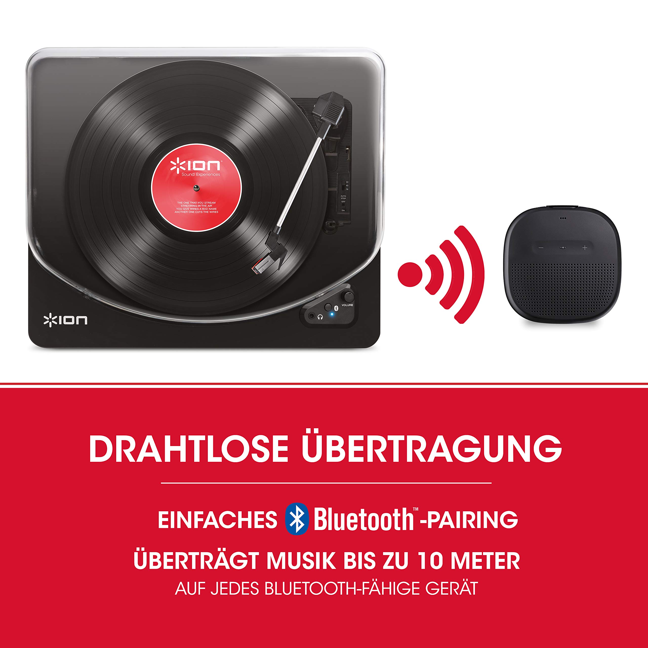 ION Audio Air LP Schallplattenspieler/Bluetooth-Plattenspieler mit USB-Ausgang für Konvertierung und DREI Wiedergabegeschwindigkeiten, Schwarze Oberfläche