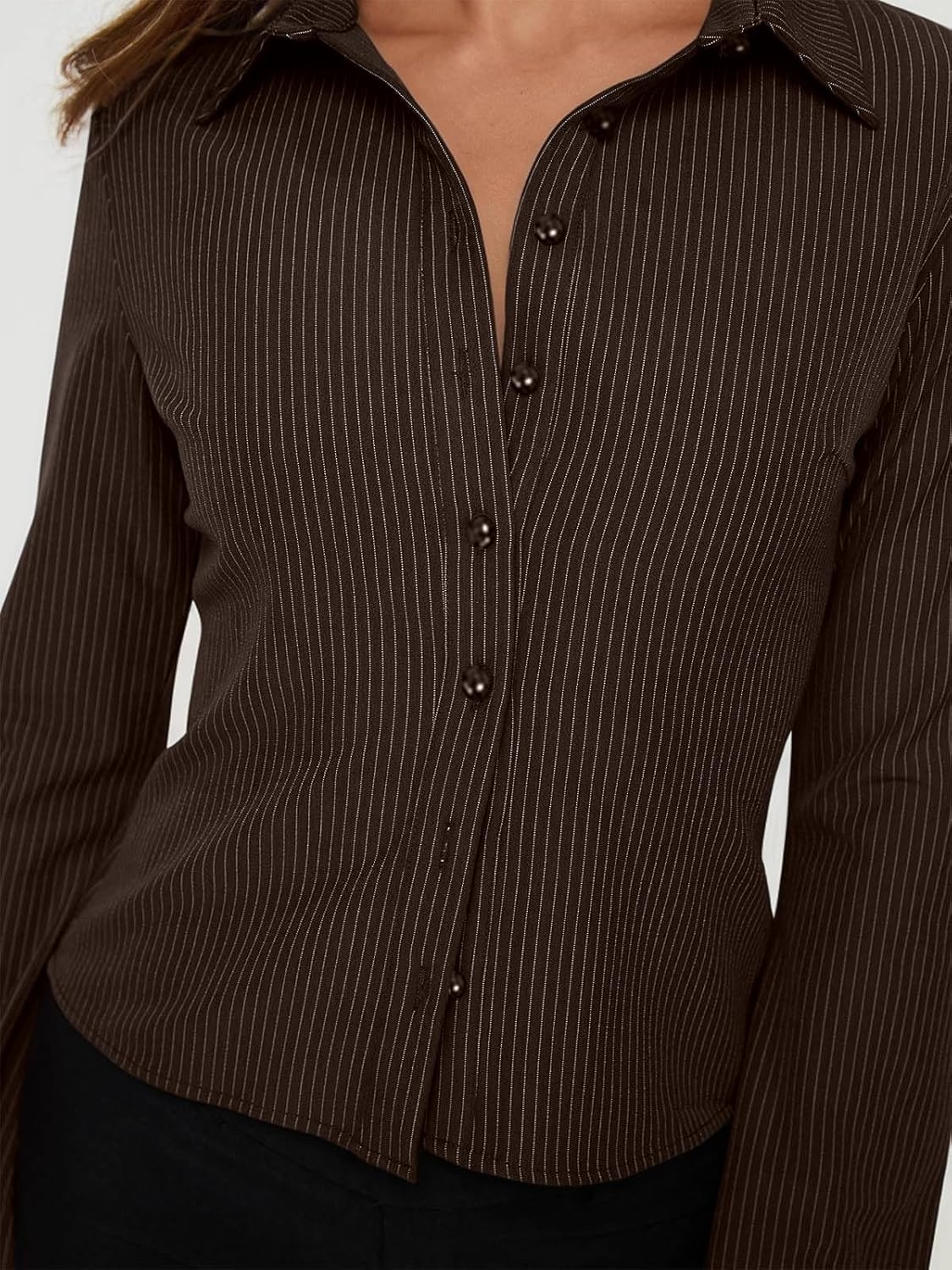 VNIRA Women’s Button Down Shirts Striped Long Sleeve Collared Casual Work Blouses Slim Fit Going Out Tops - Image 2