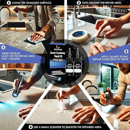 Miniatura 5 de Kit de reparación de encimera de cuarzo premium, kit de reparación de virutas de granito blanco y mármol, 2 piezas, reparación rápida de encimeras