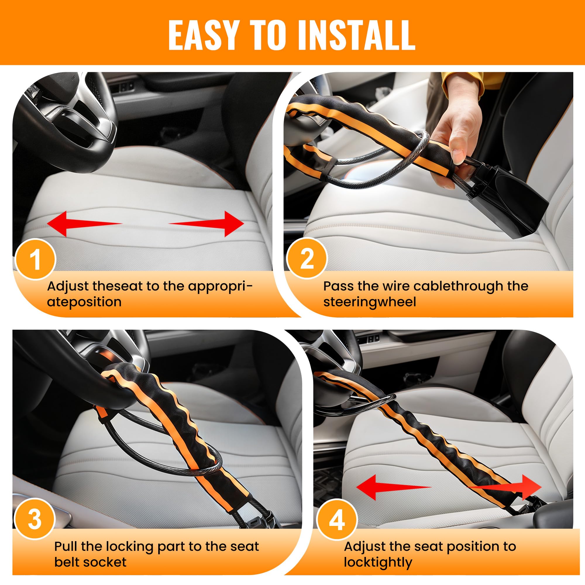 Upgraded Reflective Stripe Steering Wheel Lock,Seat Belt Lock,Metal Head,Heavy Duty Universal Car Lock Steering Wheel,High Visibility Car Locks Anti-Theft Device,3Keys (Orange) — view 5