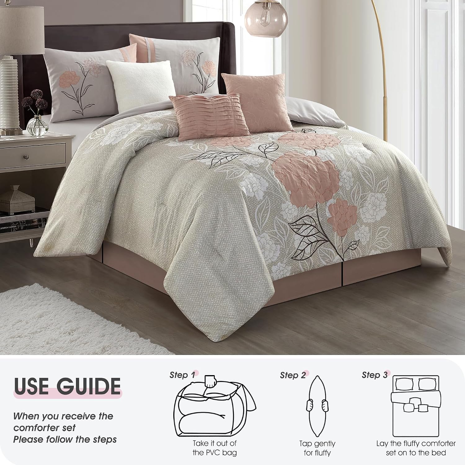 LANCO MODERN LIFESTYLE 7 Piece Comforter Set, Blush, Queen Size, 100% Polyester, Floral Print with Applique, Modern Bedroom Decor for All Seasons, Bedskirt, Pillow Shams and Decor Pillows