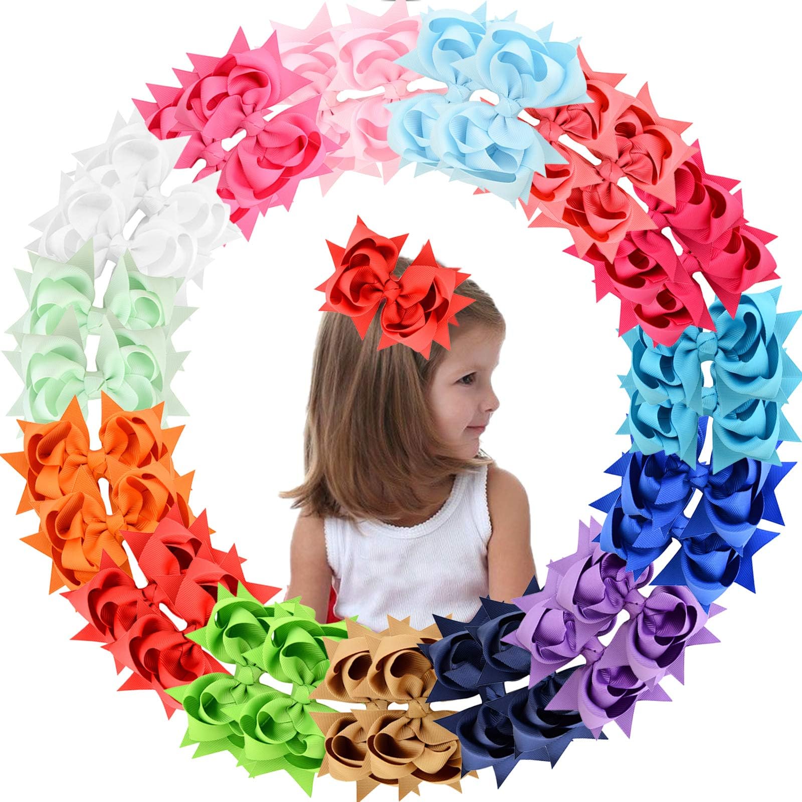 Yxiang 30Pcs Baby Hair Bows Clips for Girls, 5 Inches Three-tier Bows Clips Grosgrain Ribbon Pinwheel Bow Alligator Hair Barettes for toddler girls School Kid Teens (15 Colors)