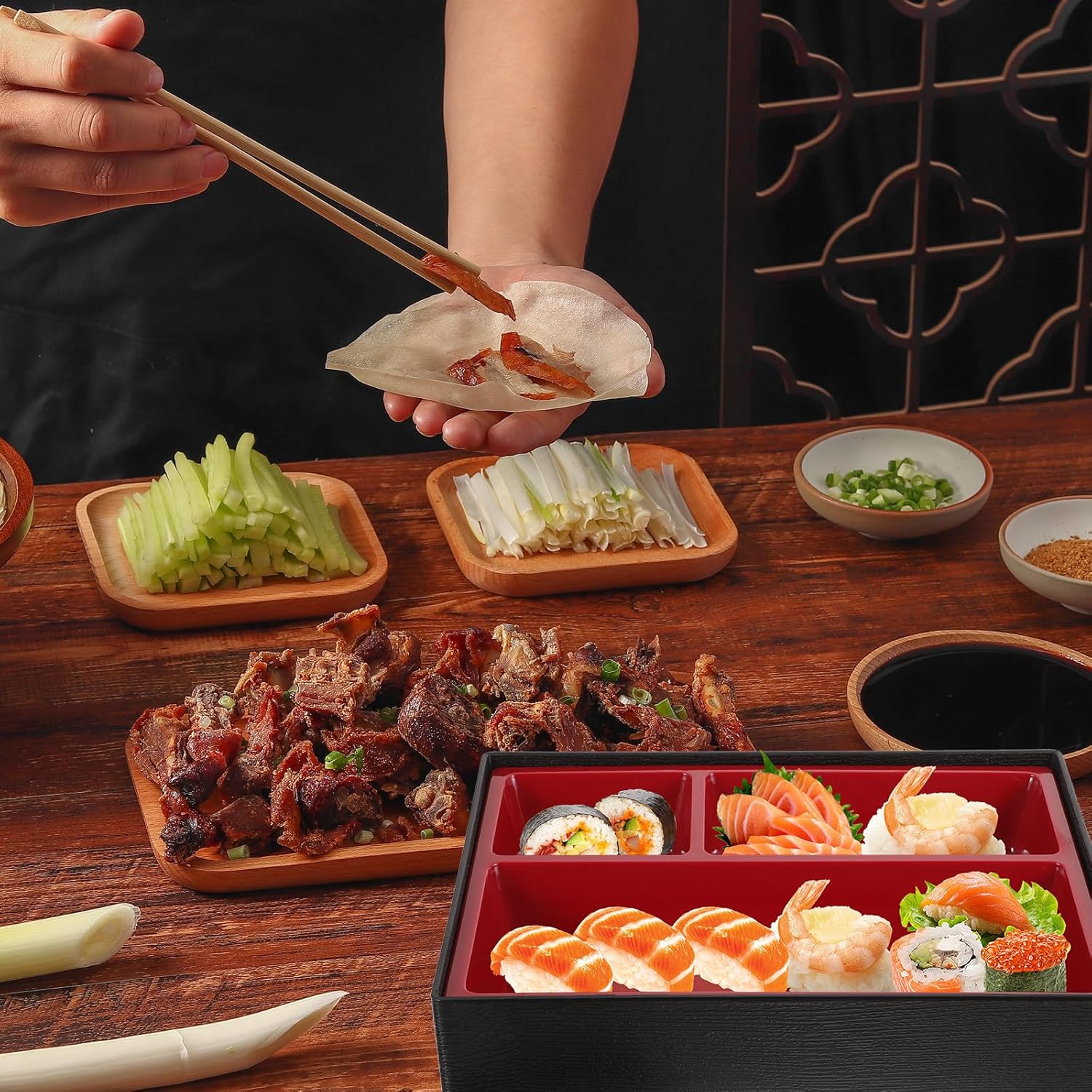 Japanese Bento Box Lunch Container 3 Compartments Food Storage Red Printed Lid Small Size for Adults Home and Restaurant Use